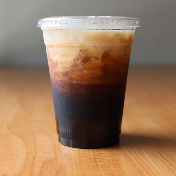 Iced Thai tea with a creamy top layer in a clear plastic cup on a wooden table.